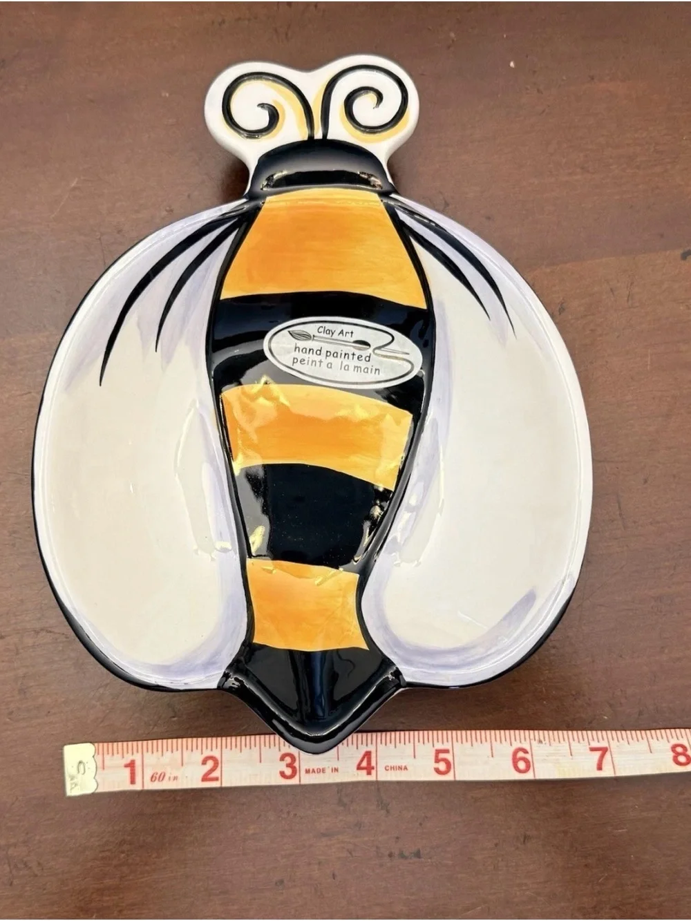 Clay Art Hand Painted Bumble Bee Ceramic Divided Serving Dish 9.5”
